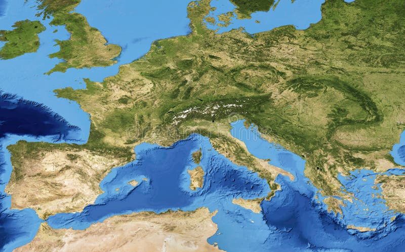 Europe flat view from space, detailed map on global satellite photo