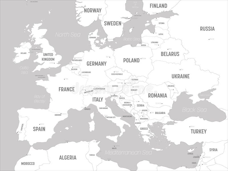 black and white map of europe with country names Europe Map White Lands And Grey Water High Detailed Political black and white map of europe with country names