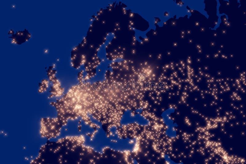 Europe Night Map. Illustration of Cities Lights from Space at Night