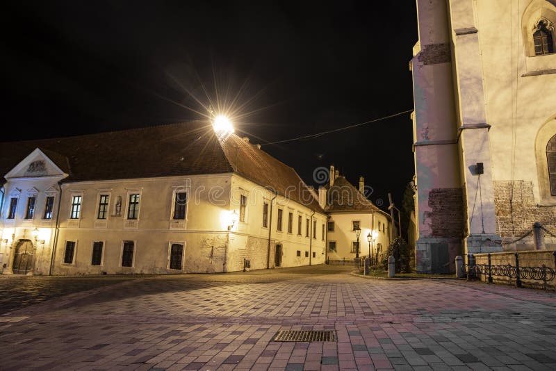 Europe old city street night time long exposure photography landmark view of Slovakia rustic town historical center district