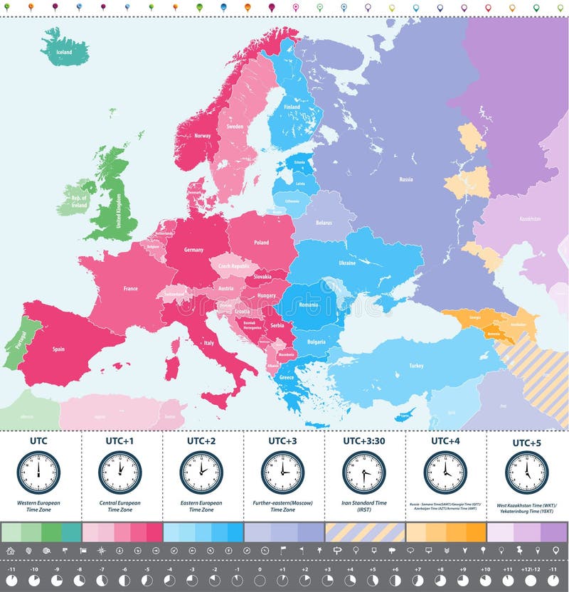 Europe Time Zones High Detailed Map With Location And Clock Icons