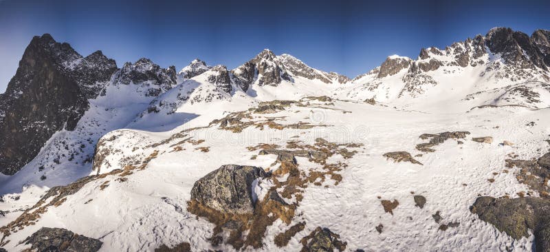 European beautiful winter mountains. Beautiful alpine panoramic snow view. High Tatras, Slovakia. Terryho chata.