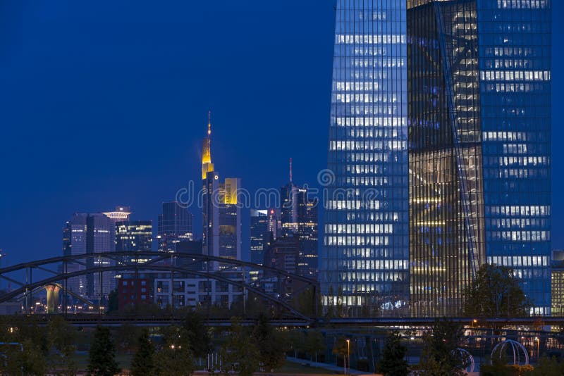 Frankfurt am Main, Germany - September 9, 2015: Skyline of Frankfurt and new building of the European Central Bank (ECB)