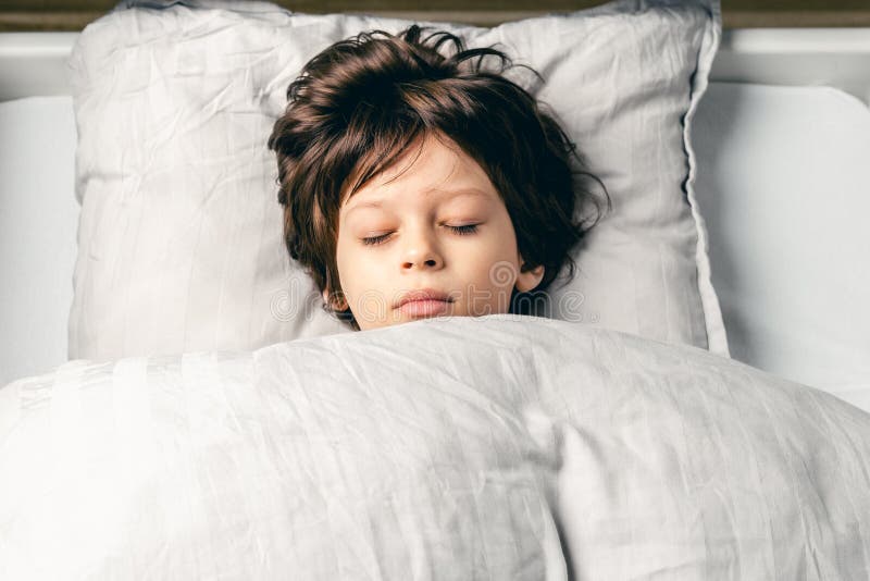 European Cute Little Boy Sleeping In The Bed At Home Stock Image