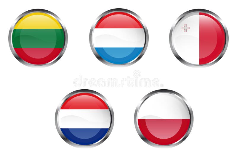 5 members of European Union flag buttons - Lithuania, Luxembourg, Malta, Netherlands, Poland. Flag malta vector vectors