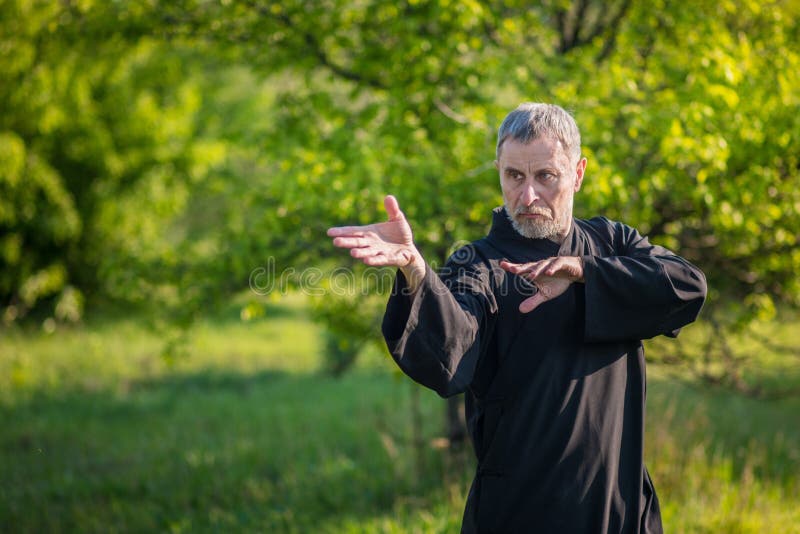 European Master Practicing Qiqong Taijiquan In The Wild Forest Breathing Exercise And Martial
