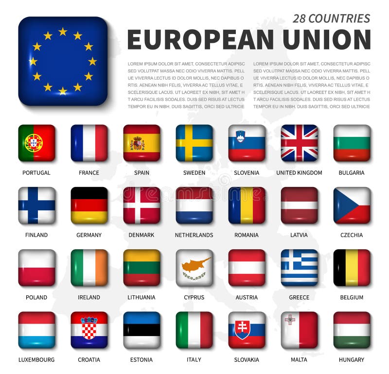 European union EU and membership flag. Association of 28 countries. Round angle shiny square button and europe map stock illustration