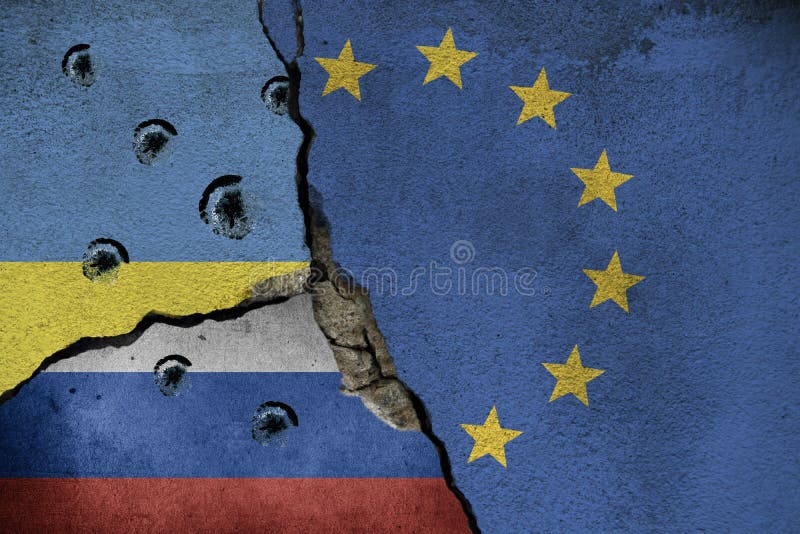 Unión Europea bandera, ucranio bandera cargar a ruso bandera cargar.