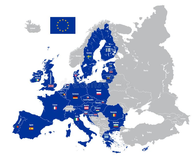 Evropská unie vektorová mapa s vlajkami.