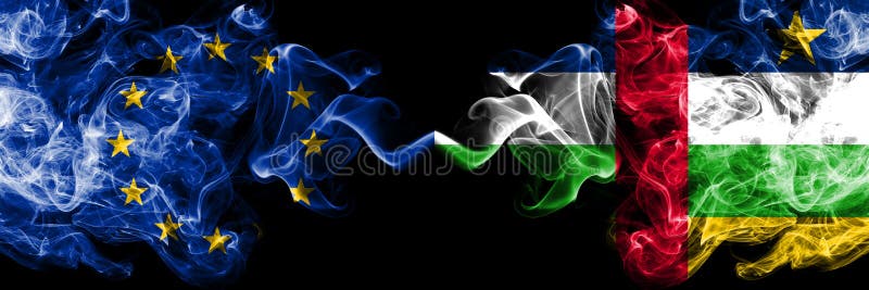 European Union vs Central African Republic smoke flags placed side by side. Thick colored silky smoke flags of EU and Central stock illustration European Union vs Central African Republic smoke flags placed side by side. Thick colored silky smoke flags of EU and Central stock illustration