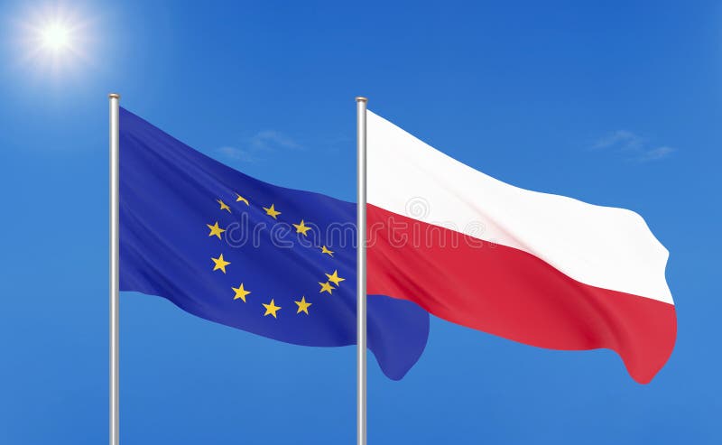 European Union vs Poland. Thick colored silky flags of European Union and Poland. 3D illustration on sky background. - vector illustration European Union vs Poland. Thick colored silky flags of European Union and Poland. 3D illustration on sky background. - vector illustration