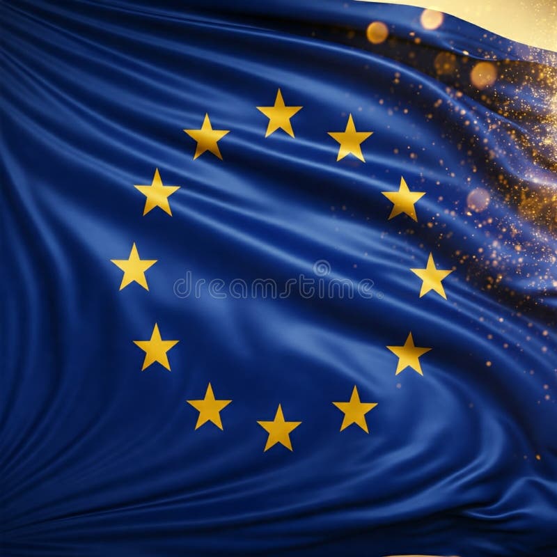European unity: Flag of the European Union. The flag of the European Union, a symbol of unity and cooperation among European nations, waves proudly against a backdrop of golden light. The twelve golden stars, arranged in a circle on a blue field, represent the ideals of solidarity and harmony among the member states. The image evokes a sense of shared values and a common purpose. AI generated