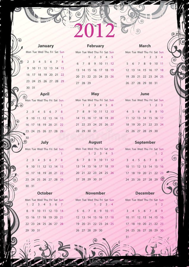 European Vector floral grungy calendar 2012