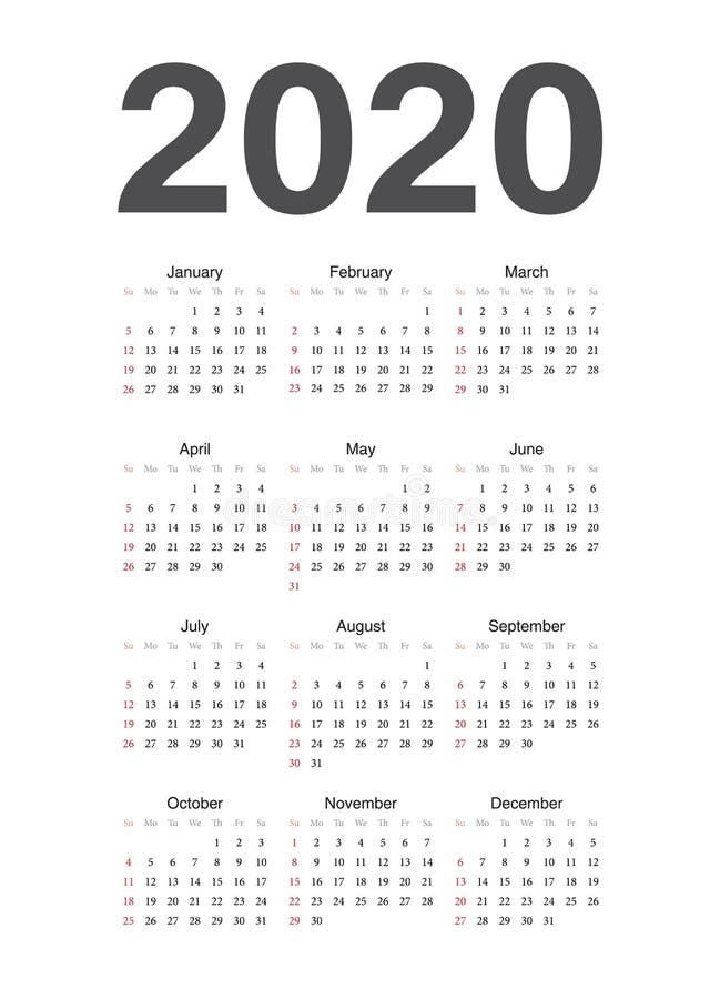 European 2020 Year Vector Calendar Stock Vector - Illustration of event
