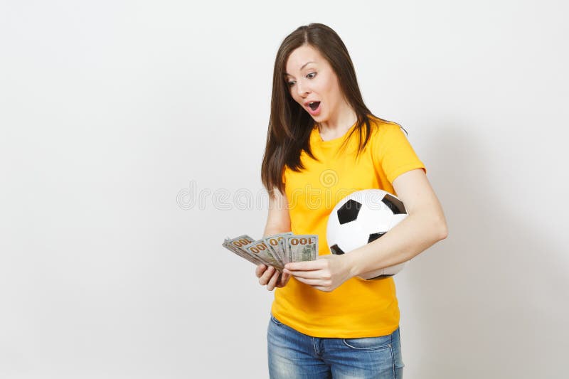 Beautiful European young people, football fan or player on white background. Sport, play, health, healthy lifestyle concept.