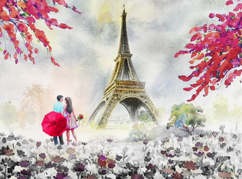 Europees de stadslandschap van Parijs Frankrijk, de toren en paar l van Eiffel stock illustratie Europees de stadslandschap van Parijs Frankrijk, de toren en paar l van Eiffel stock illustratie