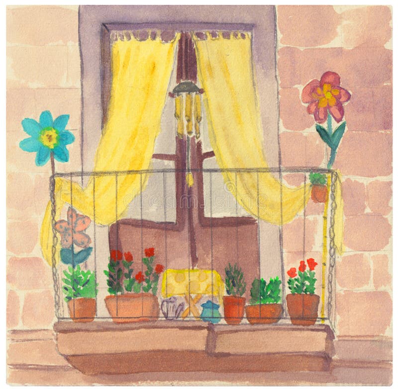 Europeisk balkongträdgård för tappning med den gulinggardiner, blommor och ledstången vektor illustrationer Europeisk balkongträdgård för tappning med den gulinggardiner, blommor och ledstången vektor illustrationer