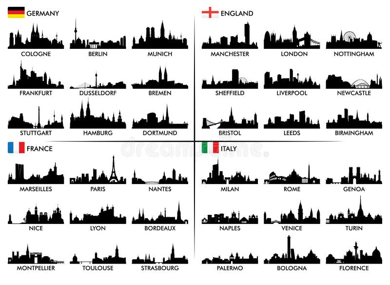 Set of silhouettes of European cities. Set of silhouettes of European cities