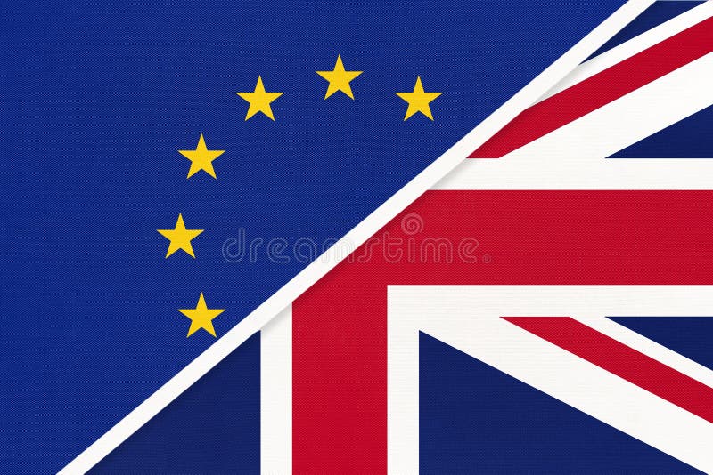 European Union or EU vs United Kingdom or UK national flag from textile. Symbol of the Council of Europe association. Schengen zone. European Union or EU vs United Kingdom or UK national flag from textile. Symbol of the Council of Europe association. Schengen zone