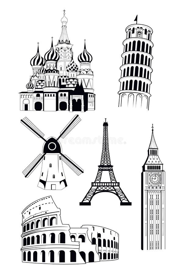 Europese reisbestemmingen in inktstijl stock illustratie Europese reisbestemmingen in inktstijl stock illustratie