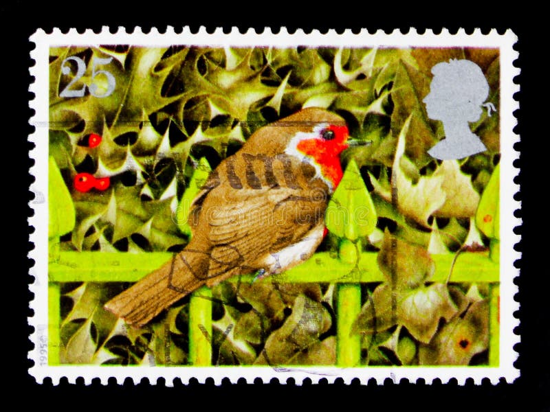 Europese Robin Erithacus-rubecula op Traliewerk en Hulst, Kerstmis - Kerstmis Robins serie, circa 1995 stock foto Europese Robin Erithacus-rubecula op Traliewerk en Hulst, Kerstmis - Kerstmis Robins serie, circa 1995 stock foto