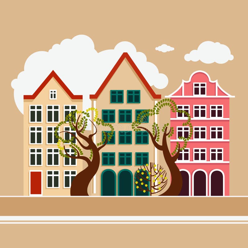 Europese stad De daglente van de de zomerherfst Stadsstraat met drie huizen, bomen vergankelijk en naald stedelijk milieu stock illustratie Europese stad De daglente van de de zomerherfst Stadsstraat met drie huizen, bomen vergankelijk en naald stedelijk milieu stock illustratie