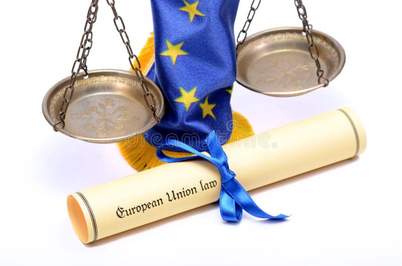 European union law , scales of Justice, European union flag , on the white background. European union law , scales of Justice, European union flag , on the white background