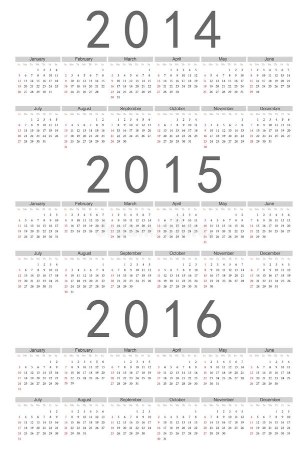 Europeu 2014, 2015, calendário de um vetor de 2016 anos ilustração do vetor Europeu 2014, 2015, calendário de um vetor de 2016 anos ilustração do vetor