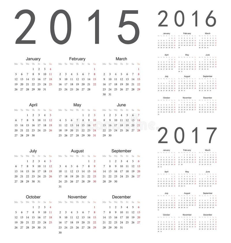 Europé 2015, 2016, 2017 år vektorkalendrar vektor illustrationer Europé 2015, 2016, 2017 år vektorkalendrar vektor illustrationer