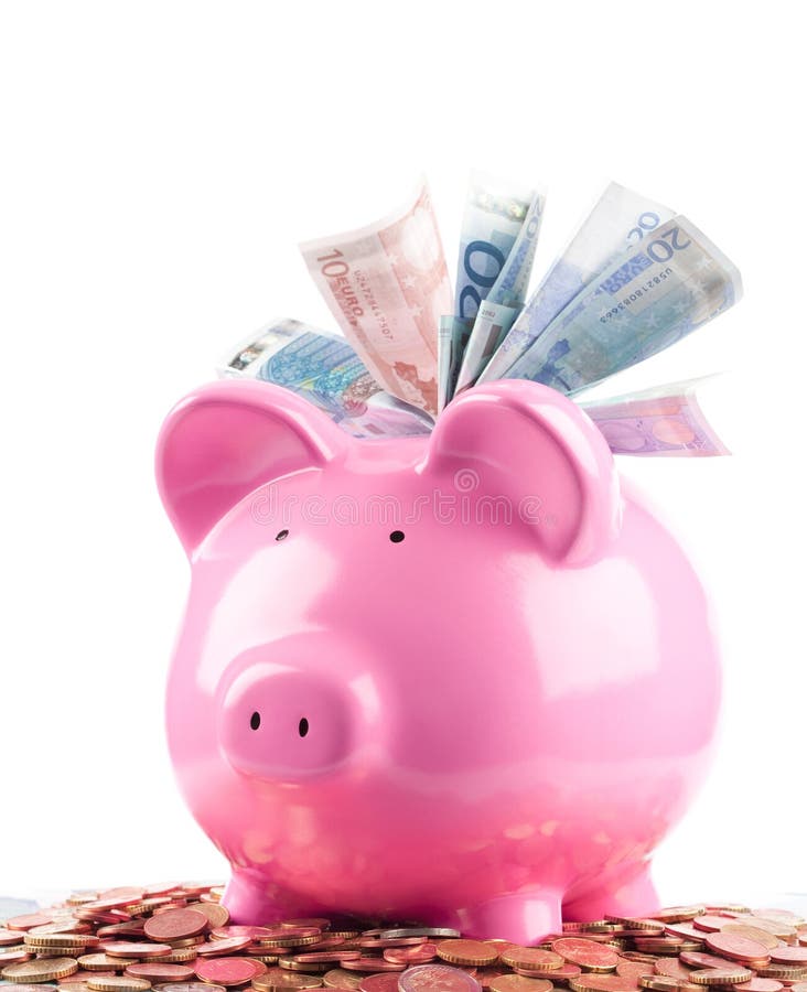 Euros in piggy bank stock photos Euros in piggy bank stock photos