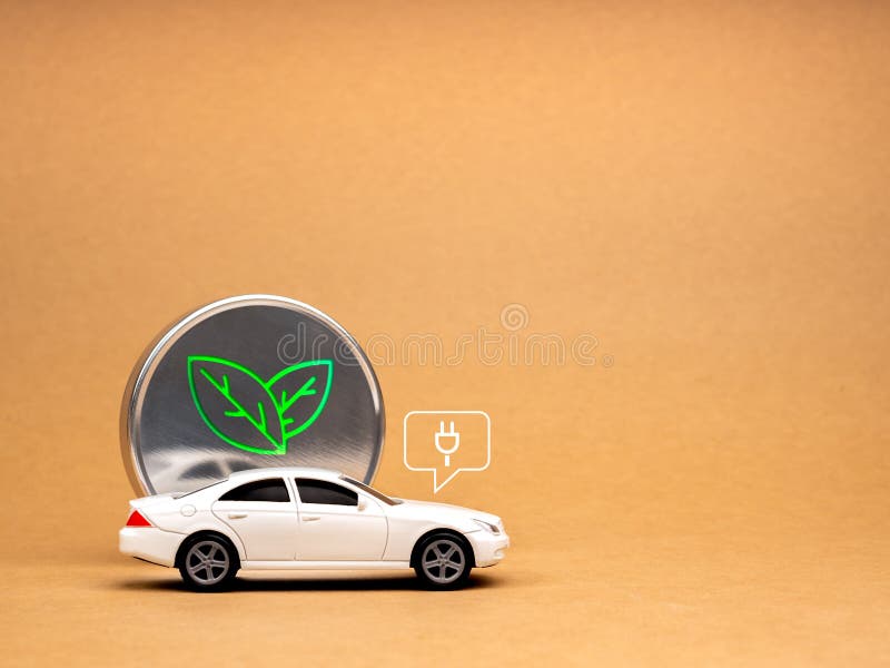 EV car, Electric energy battery charge vehicle with sustainable development concept. Plug-in icon on white car and green plant, eco symbol, natural power on chrome badge, brown background with space. Development ev stock images, royalty-free photos and pictures