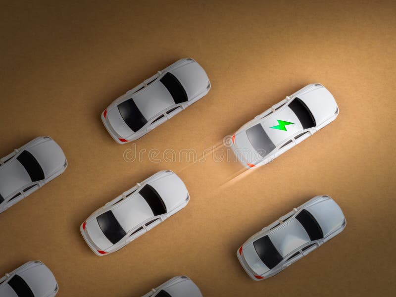 EV car, Electric energy battery charge vehicle, sustainable development concept. Top view of white clean fast car with electric power icon move leading the other regular cars on eco brown background. Development ev stock images, royalty-free photos and pictures