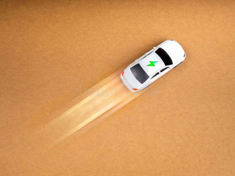 EV car, Electric energy battery charge vehicle, sustainable development concept. Top view of white clean fast car with electric energy power icon moving fast on eco brown background with copy space. Development ev stock images, royalty-free photos and pictures