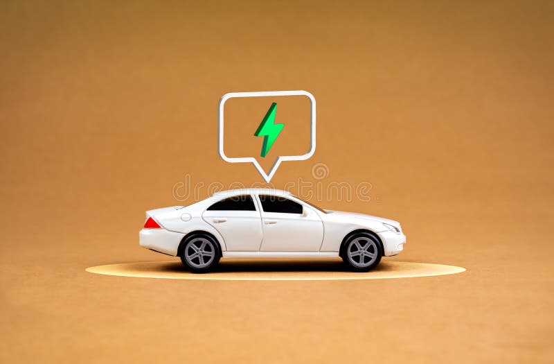 EV car, Electric energy battery charge vehicle with sustainable development concept. White car charging on charger space with electric power icon, alternative energy, brown kraft paper background. Development ev stock images, royalty-free photos and pictures