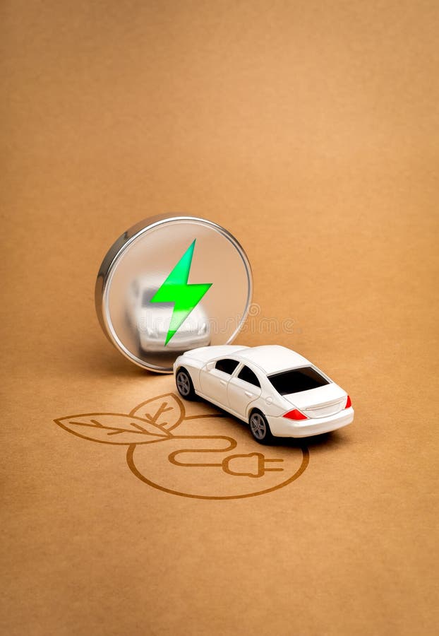 EV car, Electric energy vehicle with sustainable development concept. Electric battery charge icon on round mirror reflection the white car on plug symbol, charging energy, recycle paper background. Development ev stock images, royalty-free photos and pictures