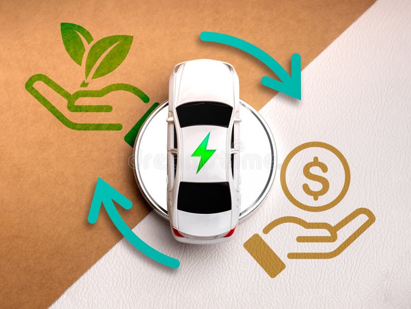 EV car, Electric energy vehicle, sustainable development, energy and cost savings concepts. Electric battery charge icon on white car with cycle arrows of saving money and green earth care symbol. Development ev stock images, royalty-free photos and pictures