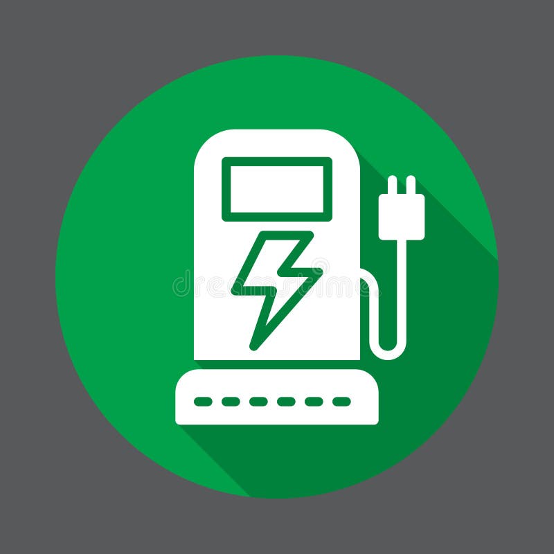 EV charging station flat icon. Round colorful button, circular vector sign with long shadow effect. Flat style design.