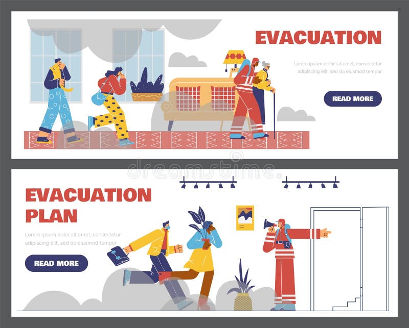 Evacuation Plan Banners with Rescue Forces Evacuating People, Flat ...