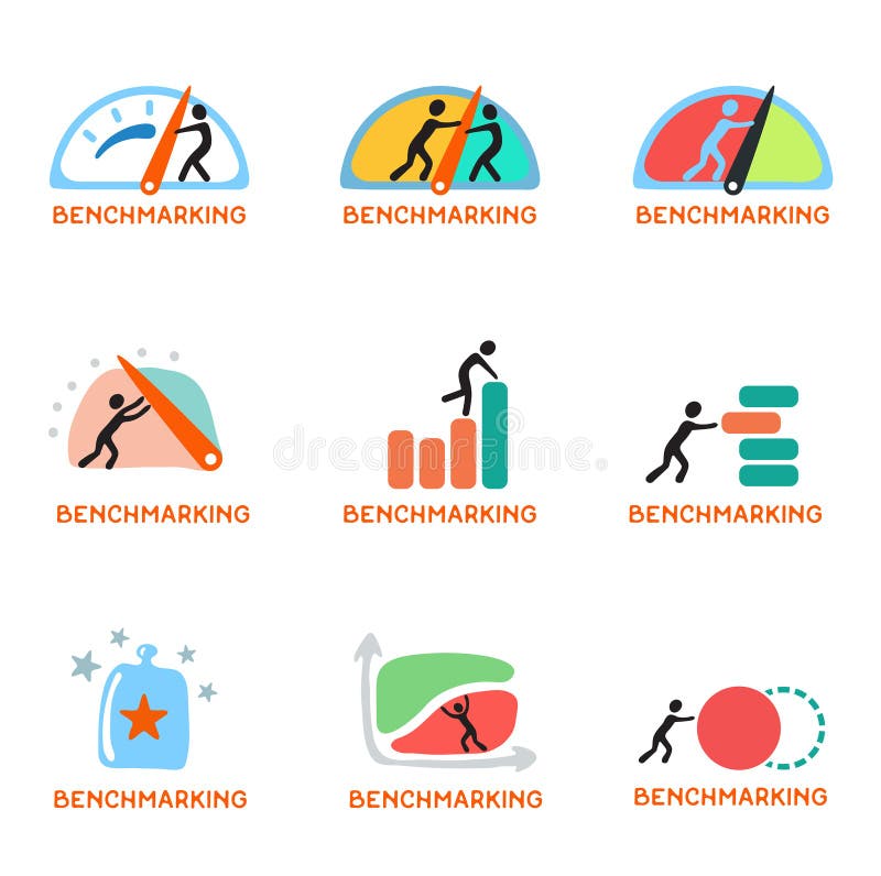 Evaluerend conceptenembleem, vectorpictogramreeks stock illustratie Evaluerend conceptenembleem, vectorpictogramreeks stock illustratie