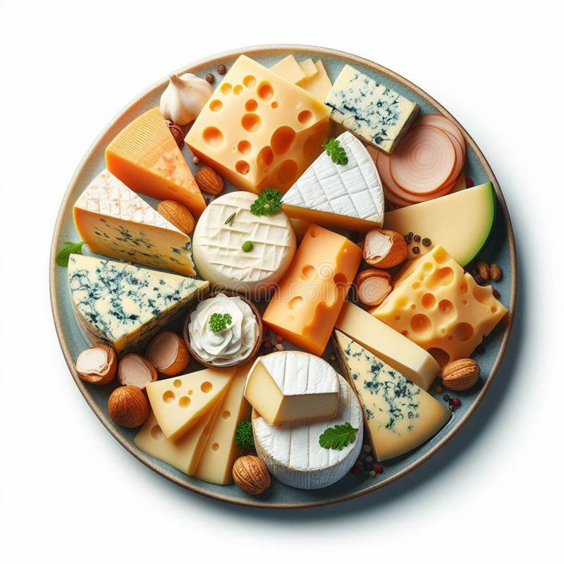 Even Pieces of Cheese of Different Varieties on a Plate Isolated on a
