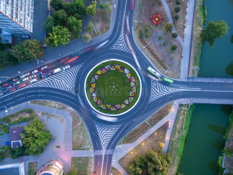 Evening aerial view to crossroads roundabout, Kharkiv