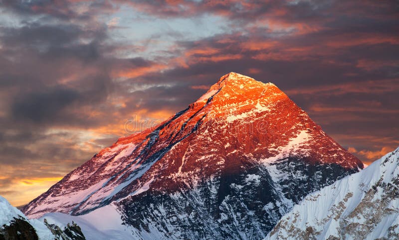 Evening colored view of Mount Everest from Gokyo Ri. Khumbu valley, Solukhumbu, Sagarmatha national park, Nepal royalty free stock photography Evening colored view of Mount Everest from Gokyo Ri. Khumbu valley, Solukhumbu, Sagarmatha national park, Nepal royalty free stock photography