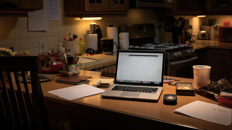 Evening computer on kitchen table royalty free illustration