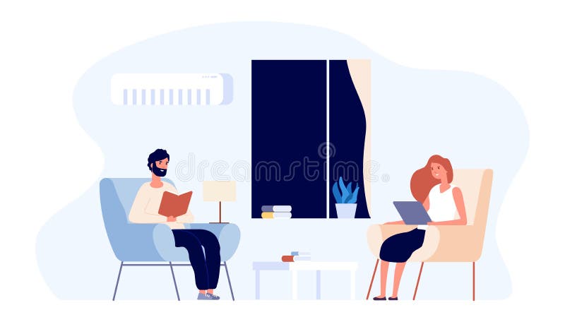 Evening family time. Hygge concept. Flat couple vector illustration. Young man and woman reading in living room