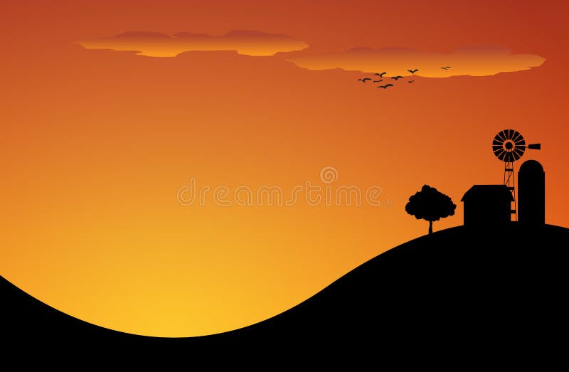 Silhouetted farm in the evening upon the hill. Backdrop simple landscape vectors