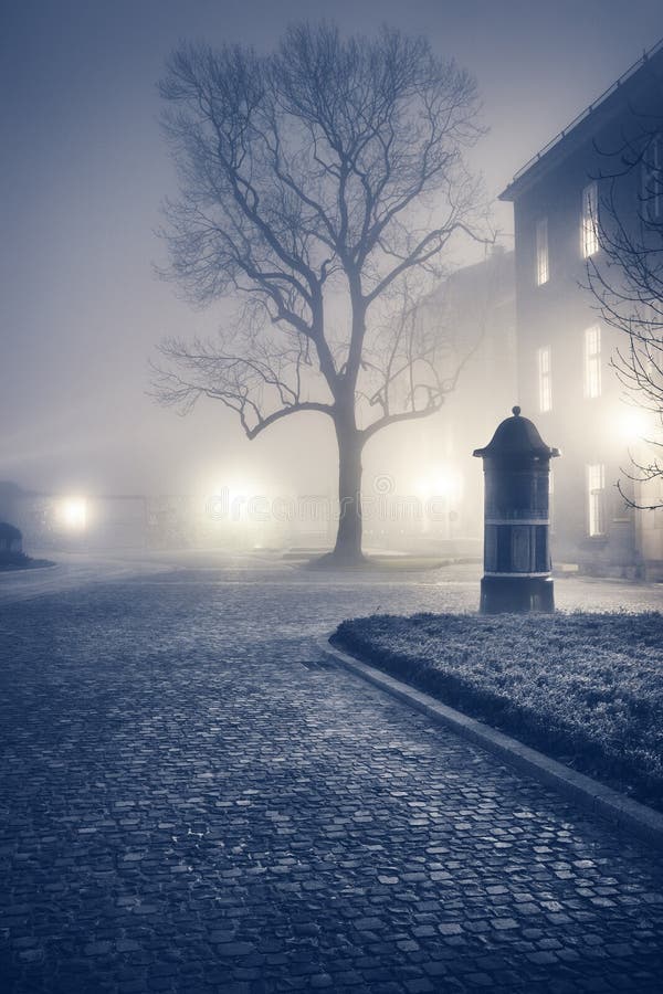 Evening foggy street of old european town