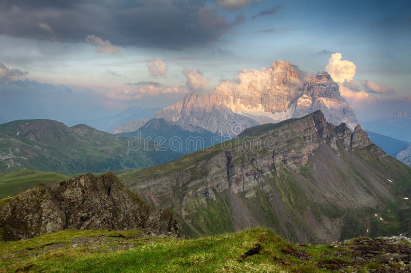 Evening Glow over Mt. Pelmo and Mt. Civetta, Dolomites, Italy royalty free stock photos