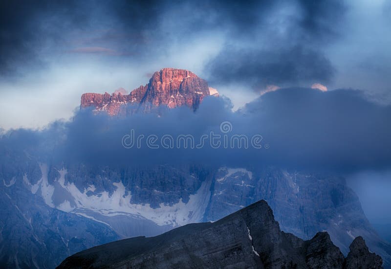 Evening Glow over Mt. Pelmo and Mt. Civetta, Dolomites, Italy stock photography