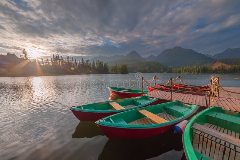 Evening landscape with boats on lake