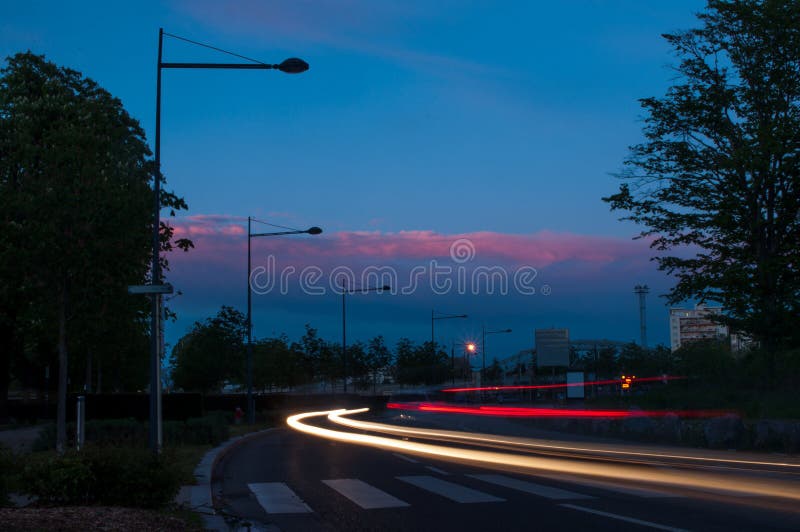 Evening Landscape with Long Exposure Car Lights Stock Photo Image of